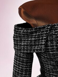 Amplova Luxury Elegant French Y2K Asymmetric Shoulder Camellia Double-Breasted Warm Jacket For Women Going Out Black And White Fall - Black - View 6