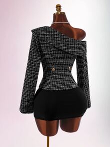 Amplova Luxury Elegant French Y2K Asymmetric Shoulder Camellia Double-Breasted Warm Jacket For Women Going Out Black And White Fall - Black - View 9