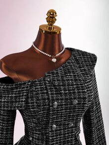 Amplova Luxury Elegant French Y2K Asymmetric Shoulder Camellia Double-Breasted Warm Jacket For Women Going Out Black And White Fall - Black - View 5
