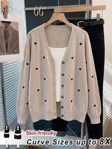 SHEIN CURVE+ Plus Size Women Solid Color Heart Embroidery Basic Cardigan Autumn, 2026 22W Date Night Club Vacation Beige Traditional Elegant Sexy - Multicolor - View 5