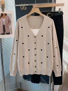 SHEIN CURVE+ Plus Size Women Solid Color Heart Embroidery Basic Cardigan Autumn, 2026 22W Date Night Club Vacation Beige Traditional Elegant Sexy - Multicolor - View 4