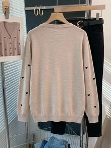 SHEIN CURVE+ Plus Size Women Solid Color Heart Embroidery Basic Cardigan Autumn, 2026 22W Date Night Club Vacation Beige Traditional Elegant Sexy - Multicolor - View 2