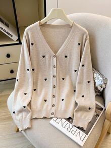 SHEIN CURVE+ Plus Size Women Solid Color Heart Embroidery Basic Cardigan Autumn, 2026 22W Date Night Club Vacation Beige Traditional Elegant Sexy - Multicolor - View 6