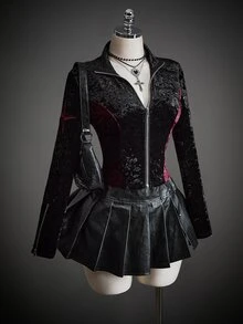 SHEIN ICON 女款拼色拉鍊休閒哥德風 Grunge 百搭日常旅行長袖夾克，黑色與紅色，適合萬聖節、夜晚外出、演唱會，秋季穿搭 - 彩色 - 查看 3