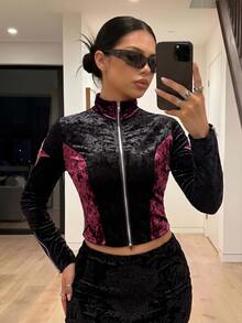 SHEIN ICON 女款拼色拉鍊休閒哥德風 Grunge 百搭日常旅行長袖夾克，黑色與紅色，適合萬聖節、夜晚外出、演唱會，秋季穿搭 - 彩色 - 查看 8