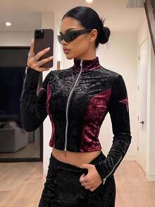 SHEIN ICON 女款拼色拉鍊休閒哥德風 Grunge 百搭日常旅行長袖夾克，黑色與紅色，適合萬聖節、夜晚外出、演唱會，秋季穿搭 - 彩色 - 查看 6