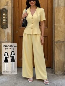 SHEIN PETITE Elegant, Minimalist Yellow Suit Set With A Belted Waist-Perfect For Petite Women's Workwear. - Yellow - View 7