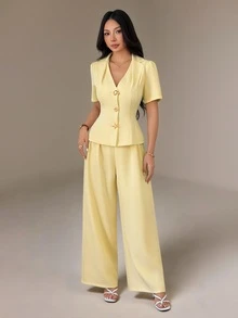 SHEIN PETITE Elegant, Minimalist Yellow Suit Set With A Belted Waist-Perfect For Petite Women's Workwear. - Yellow - View 6