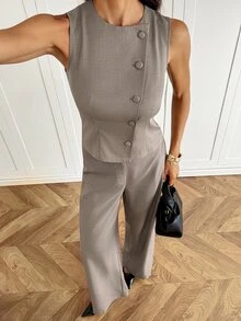 SHEIN Tall Elegant Grey Casual Shirt And Wide-Leg Trouser Suit Set For Tall Women - Grey - View 5