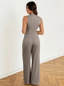 SHEIN Tall Elegant Grey Casual Shirt And Wide-Leg Trouser Suit Set For Tall Women - Grey - View 2