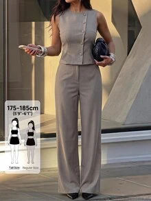 SHEIN Tall Elegant Grey Casual Shirt And Wide-Leg Trouser Suit Set For Tall Women - Grey - View 4