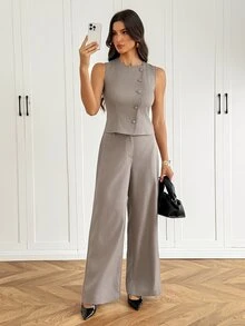 SHEIN Tall Elegant Grey Casual Shirt And Wide-Leg Trouser Suit Set For Tall Women - Grey - View 3
