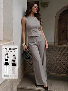 SHEIN Tall Elegant Grey Casual Shirt And Wide-Leg Trouser Suit Set For Tall Women - Grey - View 1