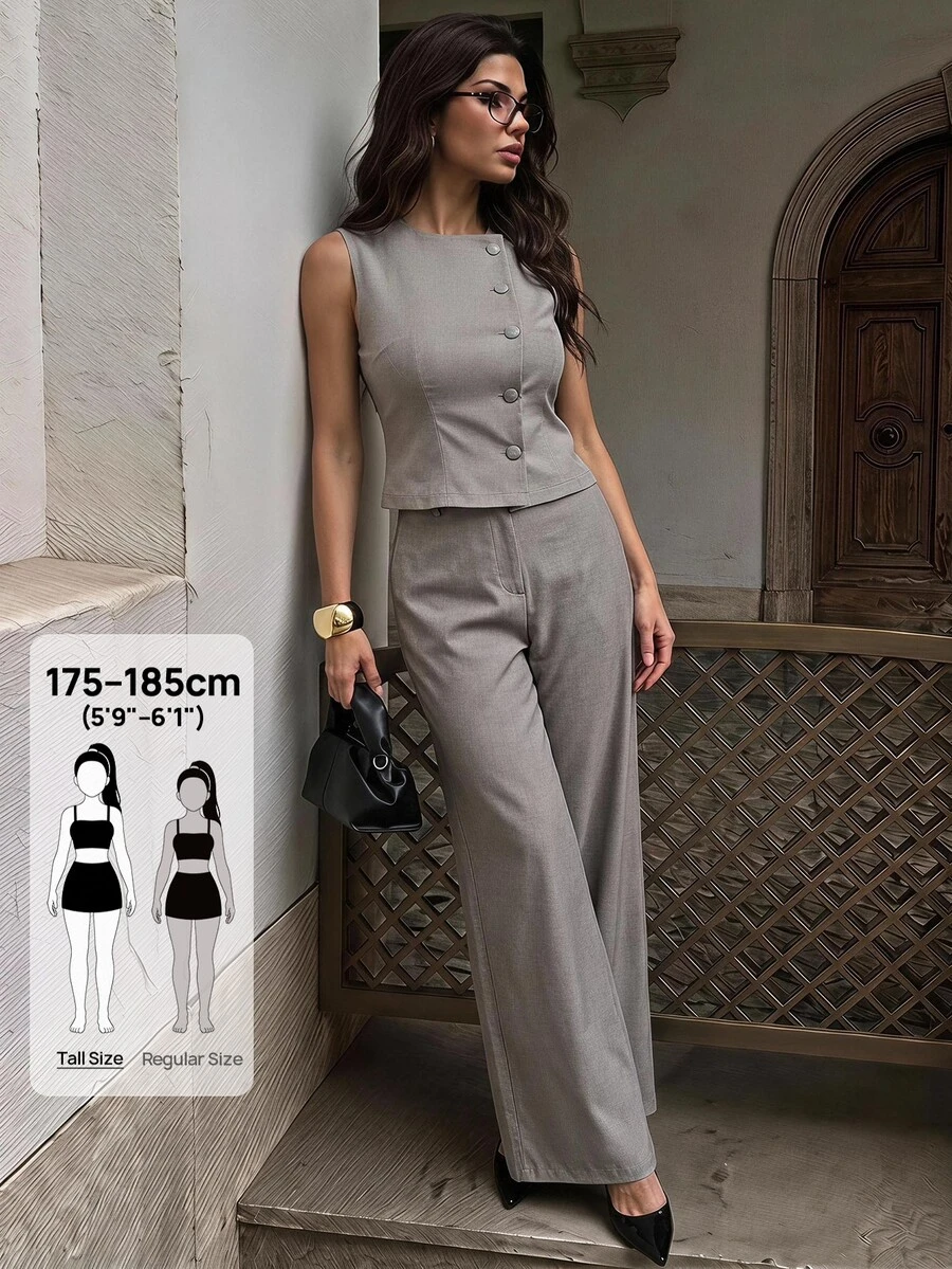 SHEIN Tall Elegant Grey Casual Shirt And Wide-Leg Trouser Suit Set For Tall Women - Grey - View 1