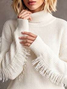 Wandoria Women's Fall High Neck Turn Collar Loose Regular Fit Cut-Off Solid Color Casual Fashion Versatile Slouchy Elegant Knit Pullover Sweater Top - Beige - View 2