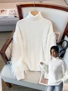 Wandoria Women's Fall High Neck Turn Collar Loose Regular Fit Cut-Off Solid Color Casual Fashion Versatile Slouchy Elegant Knit Pullover Sweater Top - Beige - View 7