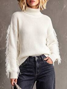 Wandoria Women's Fall High Neck Turn Collar Loose Regular Fit Cut-Off Solid Color Casual Fashion Versatile Slouchy Elegant Knit Pullover Sweater Top - Beige - View 1