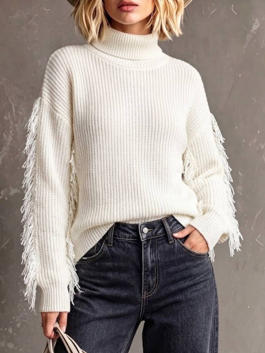 Wandoria Women's Fall High Neck Turn Collar Loose Regular Fit Cut-Off Solid Color Casual Fashion Versatile Slouchy Elegant Knit Pullover Sweater Top - Beige - View 1