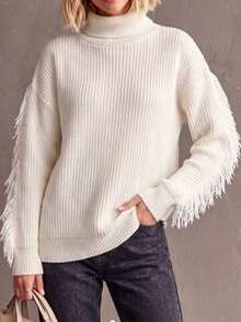 Wandoria Women's Fall High Neck Turn Collar Loose Regular Fit Cut-Off Solid Color Casual Fashion Versatile Slouchy Elegant Knit Pullover Sweater Top - Beige - View 4