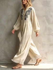 LanaWest Spring/Autumn Bohemian Casual Linen Vacation Style Embroidered Jumpsuit, Draped Loose Fit With Tassel Hem - Khaki - View 4