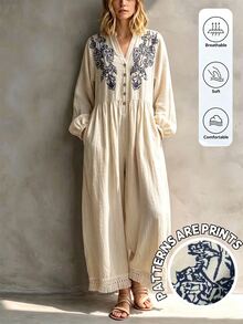 LanaWest Spring/Autumn Bohemian Casual Linen Vacation Style Embroidered Jumpsuit, Draped Loose Fit With Tassel Hem - Khaki - View 6