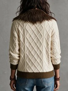 Omancia Elegant Fur Collar Single-Breasted Design Women's Cardigan - Apricot - View 2
