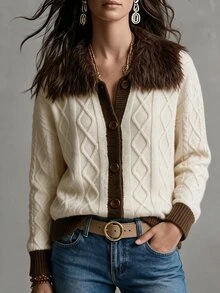 Omancia Elegant Fur Collar Single-Breasted Design Women's Cardigan - Apricot - View 5