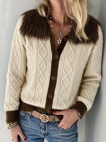 Omancia Elegant Fur Collar Single-Breasted Design Women's Cardigan - Apricot - View 3