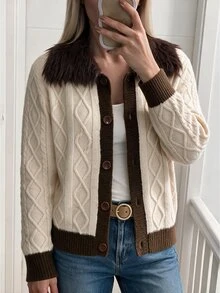 Omancia Elegant Fur Collar Single-Breasted Design Women's Cardigan - Apricot - View 7
