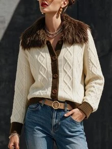 Omancia Elegant Fur Collar Single-Breasted Design Women's Cardigan - Apricot - View 6