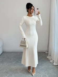 Selianne 優雅休閒基礎款通勤聚會晚宴早午餐茶會 A 字版型人造毛編織麻花白色女款洋裝 秋季 - 杏色 - 查看 3