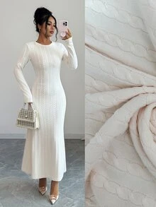 Selianne 優雅休閒基礎款通勤聚會晚宴早午餐茶會 A 字版型人造毛編織麻花白色女款洋裝 秋季 - 杏色 - 查看 1