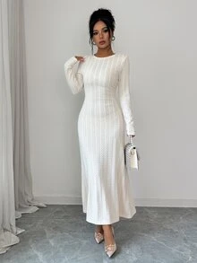 Selianne 優雅休閒基礎款通勤聚會晚宴早午餐茶會 A 字版型人造毛編織麻花白色女款洋裝 秋季 - 杏色 - 查看 5