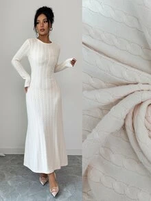 Selianne 優雅休閒基礎款通勤聚會晚宴早午餐茶會 A 字版型人造毛編織麻花白色女款洋裝 秋季 - 杏色 - 查看 8
