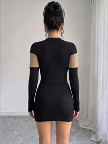 SHEIN Elenzya Women's Colorblock Round Neck Long Sleeve Top And Metal Decor Bodycon Skirt Elegant Set - Black - View 2