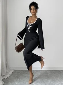 SHEIN Elenzya 女款秋季黑白對比包邊羅紋針織方領前綁帶喇叭袖緊身長洋裝，法式優雅晚餐約會風 - 黑色 - 查看 6