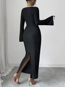 SHEIN Elenzya 女款秋季黑白對比包邊羅紋針織方領前綁帶喇叭袖緊身長洋裝，法式優雅晚餐約會風 - 黑色 - 查看 2