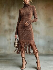 Omancia Brown Autumn Winter Slim Fit Flared Long Sleeve Glitter Vertical Ribbed High Neck Patchwork Metallic Thread Tassel Knit Bodycon Dress For Women - Coffee - View 4