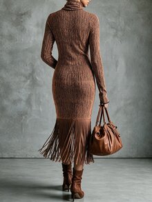 Omancia Brown Autumn Winter Slim Fit Flared Long Sleeve Glitter Vertical Ribbed High Neck Patchwork Metallic Thread Tassel Knit Bodycon Dress For Women - Coffee - View 2