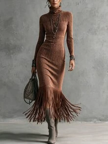 Omancia Brown Autumn Winter Slim Fit Flared Long Sleeve Glitter Vertical Ribbed High Neck Patchwork Metallic Thread Tassel Knit Bodycon Dress For Women - Coffee - View 5