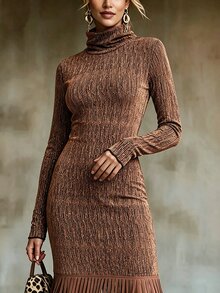 Omancia Brown Autumn Winter Slim Fit Flared Long Sleeve Glitter Vertical Ribbed High Neck Patchwork Metallic Thread Tassel Knit Bodycon Dress For Women - Coffee - View 3