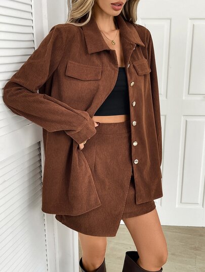 Elyressa Autumn/Winter New Women's Brown Corduroy Lapel Long Sleeve Shacket + Wrap Skirt 2 Pieces Set