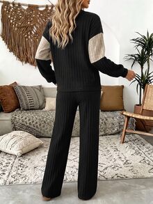 Holdful Holdful Classic Retro Colorblock Ribbed V-Neck Lantern Sleeve Knit Top + Ribbed Wide Leg Pants 2 Pieces Set For Women, Loose Casual Outfit For Daily Commute And Office, Suitable For Teacher's Day, Thanksgiving, Christmas - Black and White - View 2
