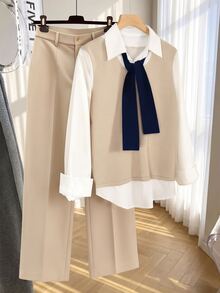 GlowEve Women's 2 Pieces Outfits, 2 In 1 Tie Knit Shirt + High Waist Wide Leg Trousers, Preppy Loose Matching Set For Daily & Office Spring Fall - Multicolor - View 11