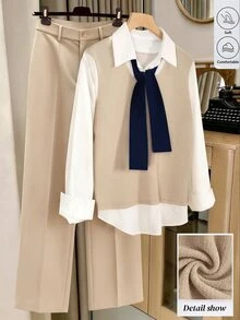 GlowEve Women's 2 Pieces Outfits, 2 In 1 Tie Knit Shirt + High Waist Wide Leg Trousers, Preppy Loose Matching Set For Daily & Office Spring Fall - Multicolor - View 7