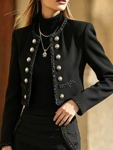 Balvessa Women's Patchwork Webbing Versatile Vintage Gold Buckle Jacket - Black - View 5