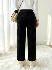 Zayélia Women's Patchwork Straight Leg Loose Fit Long Pants With Pockets, Autumn/Winter - Black - View 2