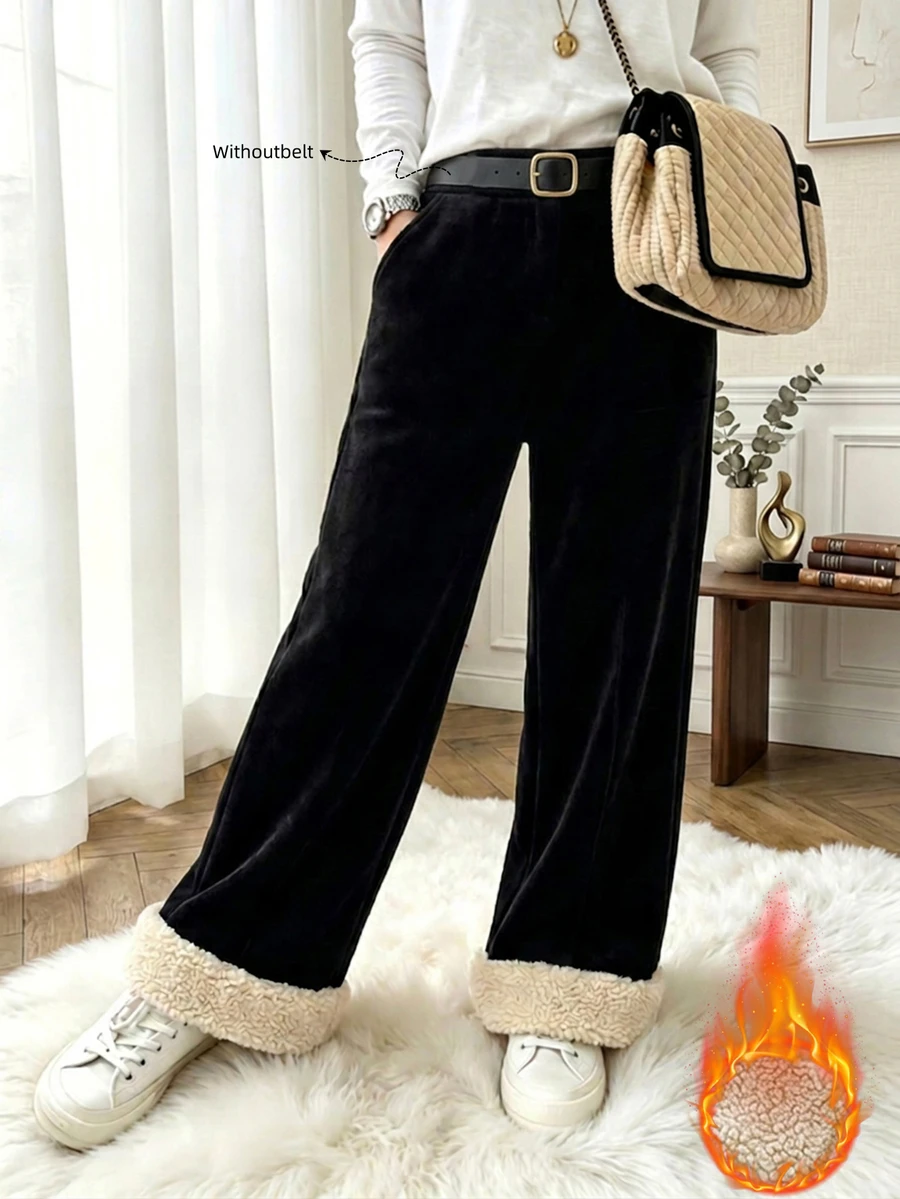 Zayélia Women's Patchwork Straight Leg Loose Fit Long Pants With Pockets, Autumn/Winter - Black - View 1