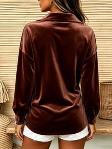 Holdful Holdful Women's Autumn Vintage Navy Collar Velvet Loose Drop Shoulder Single-Breasted Long Sleeve Jacket - Brown - View 2
