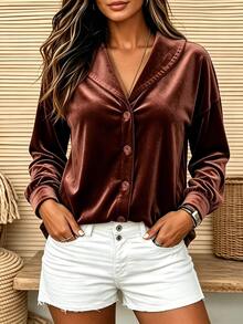 Holdful Holdful Women's Autumn Vintage Navy Collar Velvet Loose Drop Shoulder Single-Breasted Long Sleeve Jacket - Brown - View 6